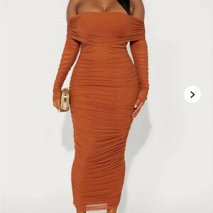 Fashion nova Hallie Ruched Mesh Bandage Midi Dress - Camel